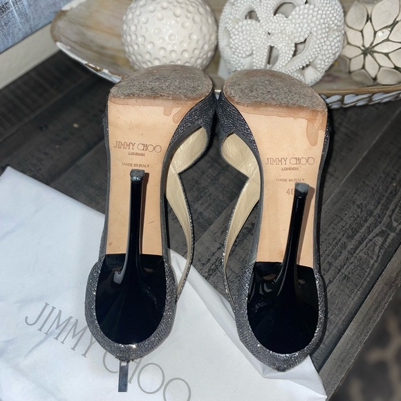 Jimmy Choo Anthracite Glitter & Leather Lame Crisscross Platform Sandals SZ 10 - Picture 8 of 9